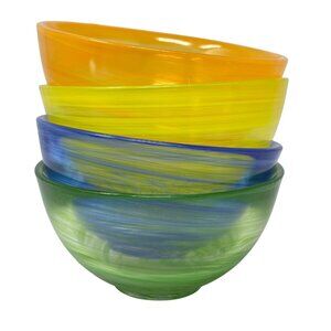 Blown Glass Swirled Art Bowls Small 5 Inch Set Green Blue Yellow Orange